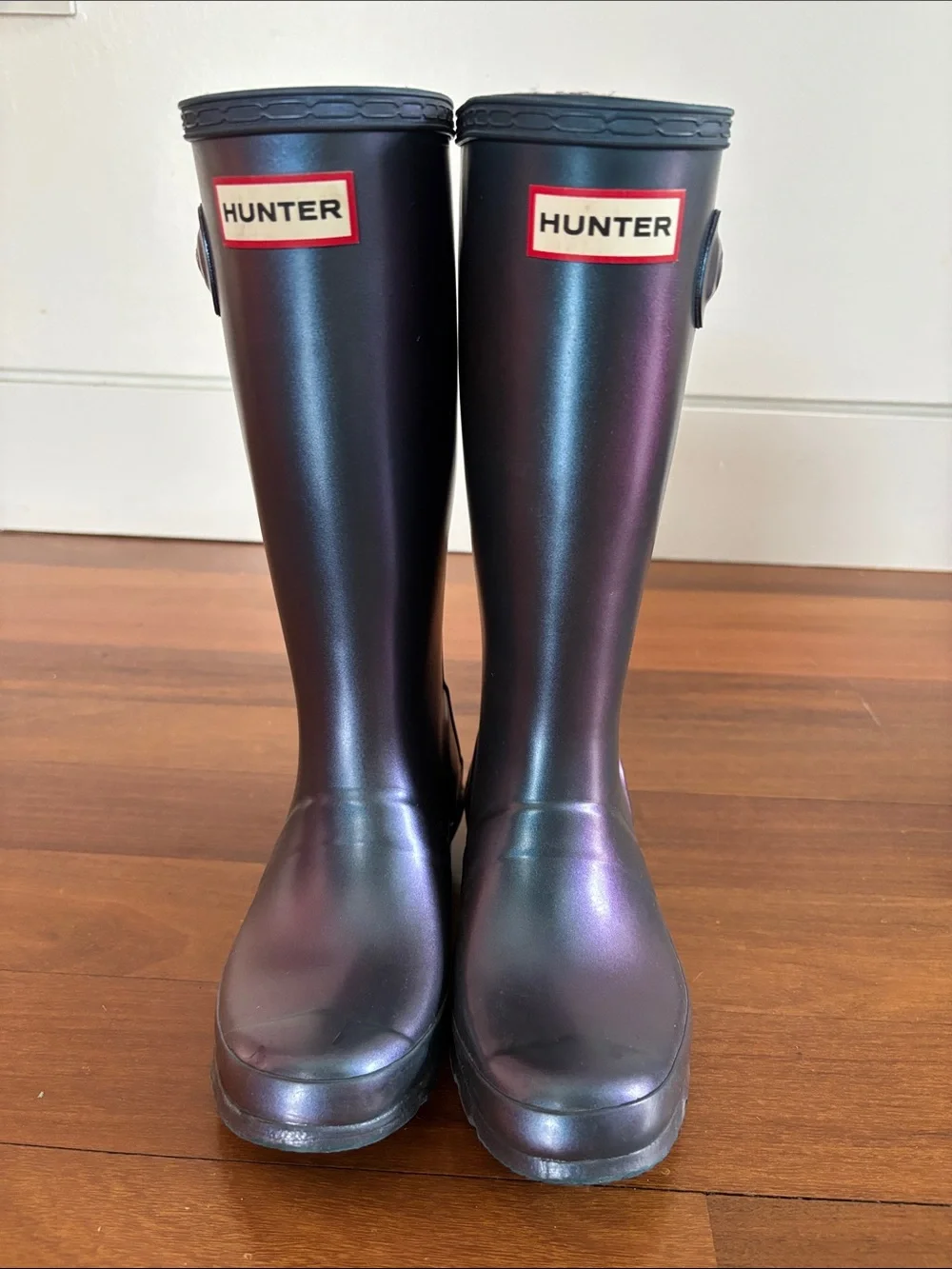 Hunter Iridescent Black and Purple Tall Rain Boots